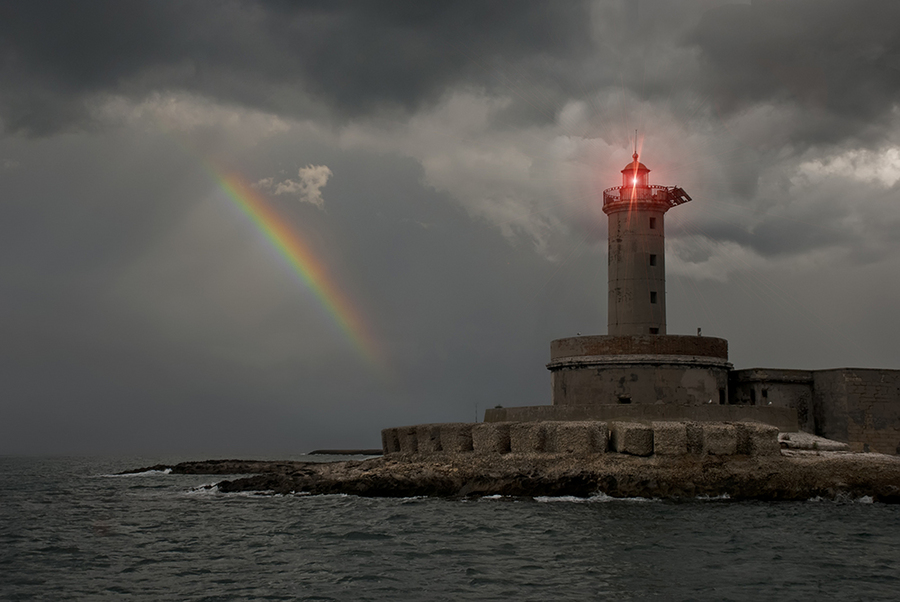 Sea light and rainbow | rainbow, sea light, ocean, rain