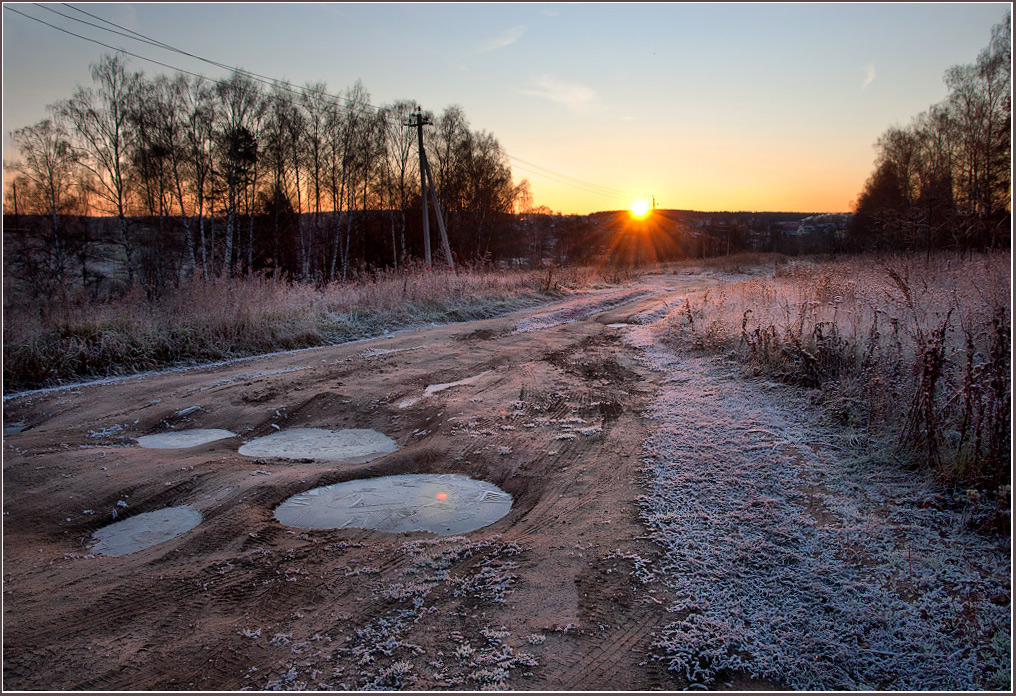 Frosen puddles | dusk, puddle, sun, power line