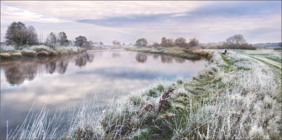 Cold fishing | shore, trees, hoarfrost, river