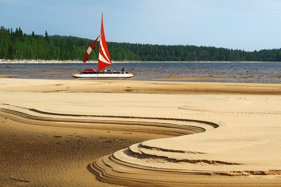 Yacht in front of a beach | yacht, beach, lake, pine wood