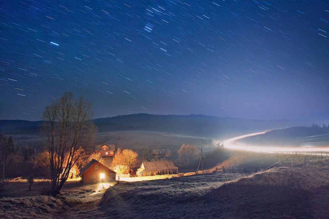 Star shower in the countryside | raod, star shower, coutryside, night