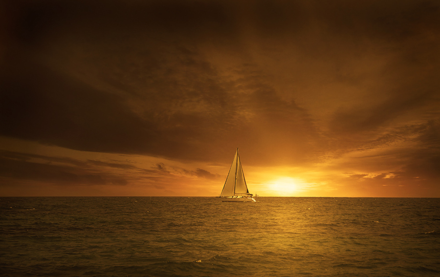 Lonely yacht | yacht, sunset, ocean, sky