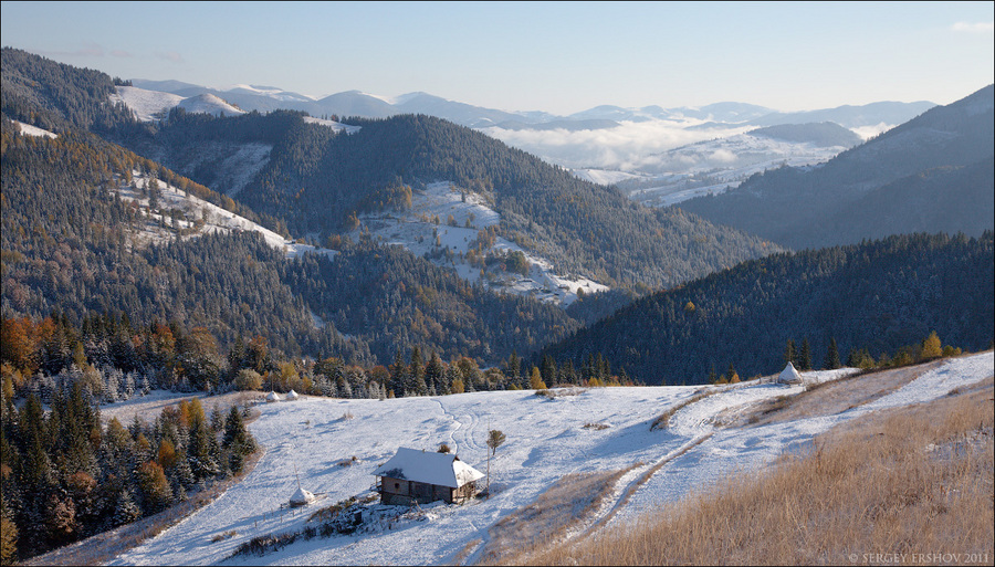 Ukraine. Carpathians | mountains, house, forest, snow