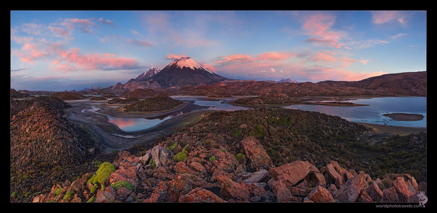 Volcanic Sunset | water, volcano, mountains