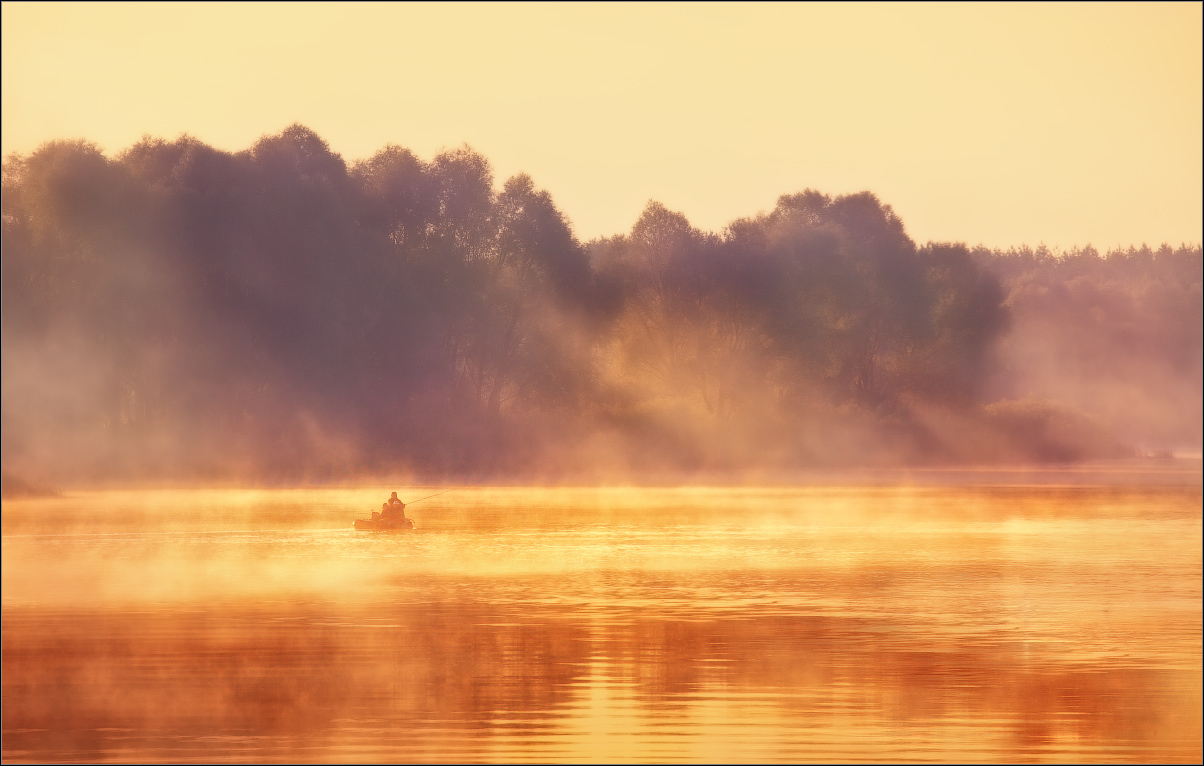 Fisherman in fog | steam, fog, river, fisherman