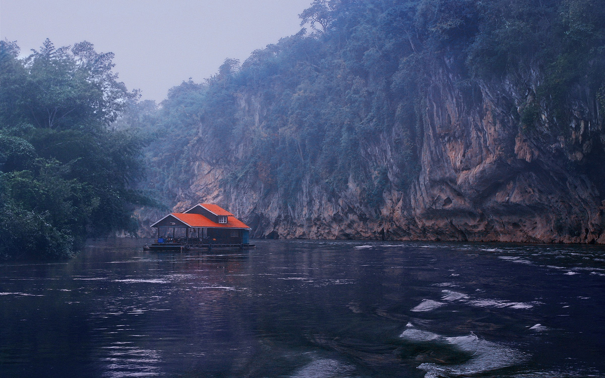 House on the water, Thailand | landscape, outdoor, nature, house, water, river, Thailand, Kwai, trees, island