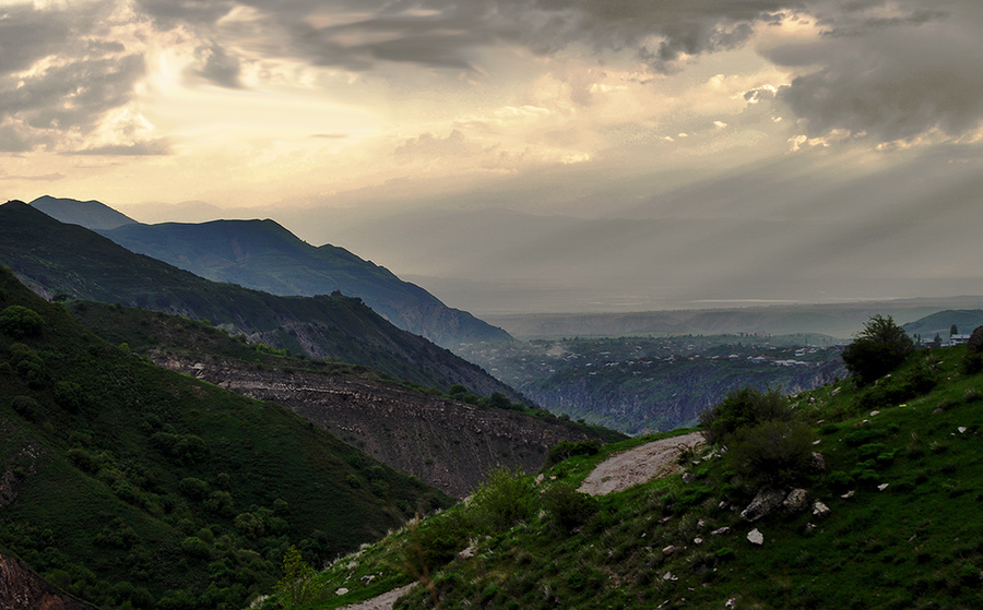 Evening in mountains | evening, sunbeam, mountain, rain clouds