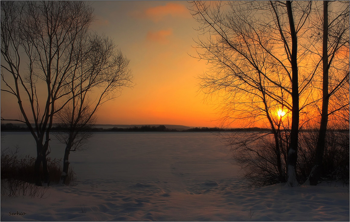 Fiery dusk | dusk, sun, lake, clear sky