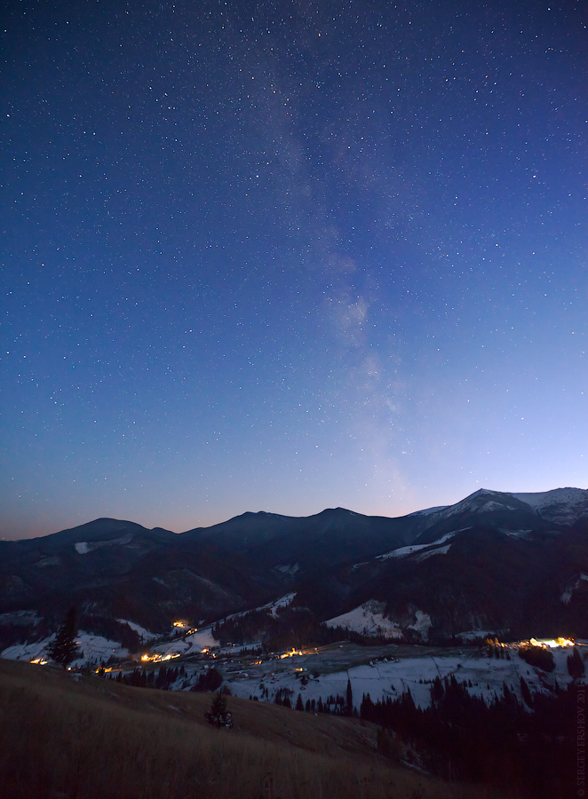 Stars in the winter sky, Carpathians | Ukraine, Carpathians, sky, stars, Milky Way, mountains, winter, snow, slope, fire