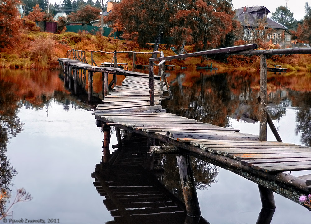 landscape, nature, village, water, houses, trees, wooden bridge, curved, grass, old