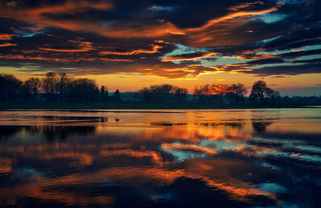 Red clouds above water | landscape, water, sky, sunset, nature, coast, trees, evening, red, clouds