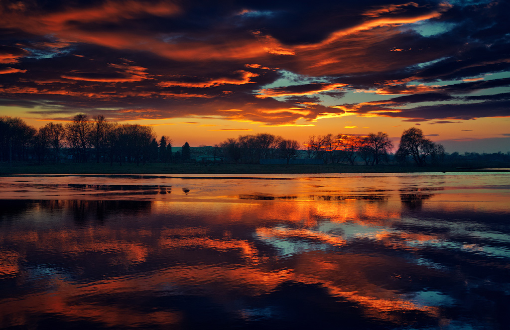 Colorful sunset | landscape, sky, clouds, colorful, scarlet , water, trees, sunset , coast, evening