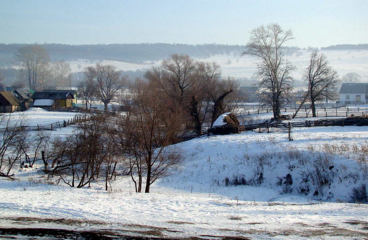 Village in winter | winter, landscape, village, snow , trees , houses, forest, fence, blades , field