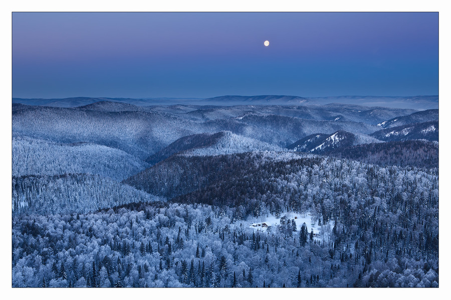 The moon | Moon, hills, pine wood, snow