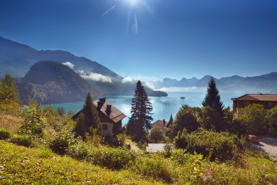 House by the lake | house, lake, hill, clear sky