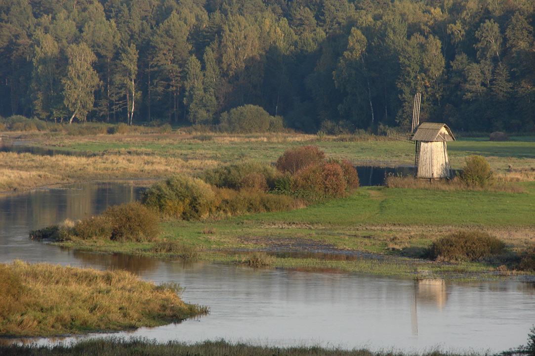 Autumn in the village Mikhaylovskoye | landscape, autumn, watermill, Mikhaylovskoye, village, river, forest, sunny, grass, bush