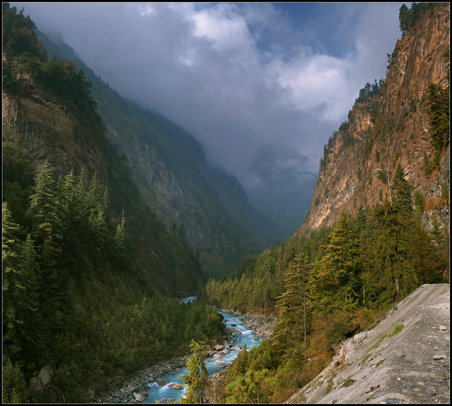 Himalayas | water, mountains, trees, haze, river