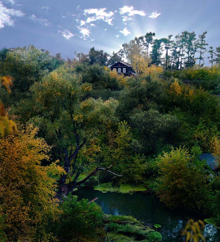 House on the hill | house, landscape, trees, water, bush, sky, clouds, hill, green, sunshine