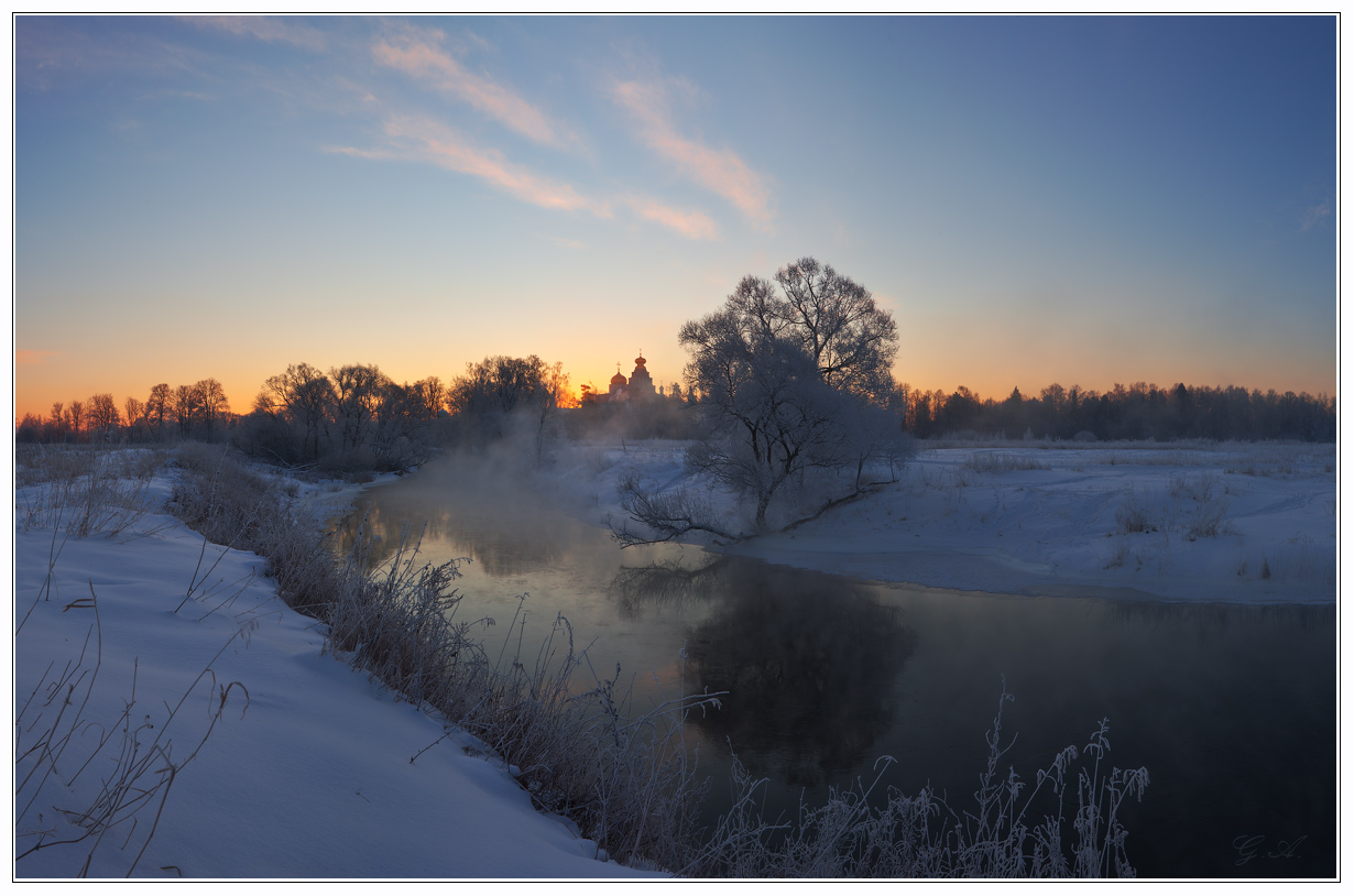 Smoking river | river, winter, church, dusk