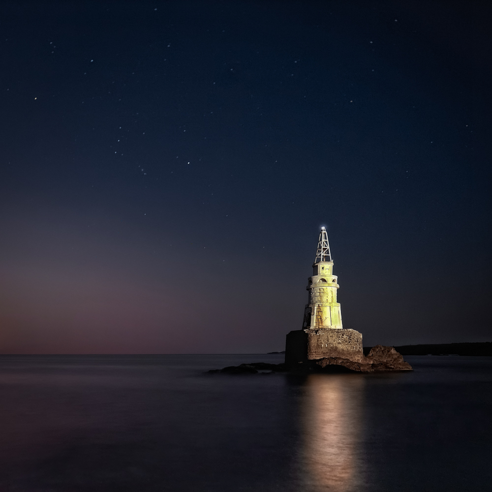 Night lighthouse | landscape, nature, sea, night, water, light, lighthouse, dark, stars, sky