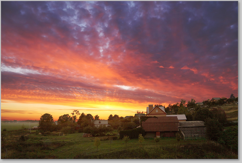 Variegated dawn | dawn, sky, house, tree