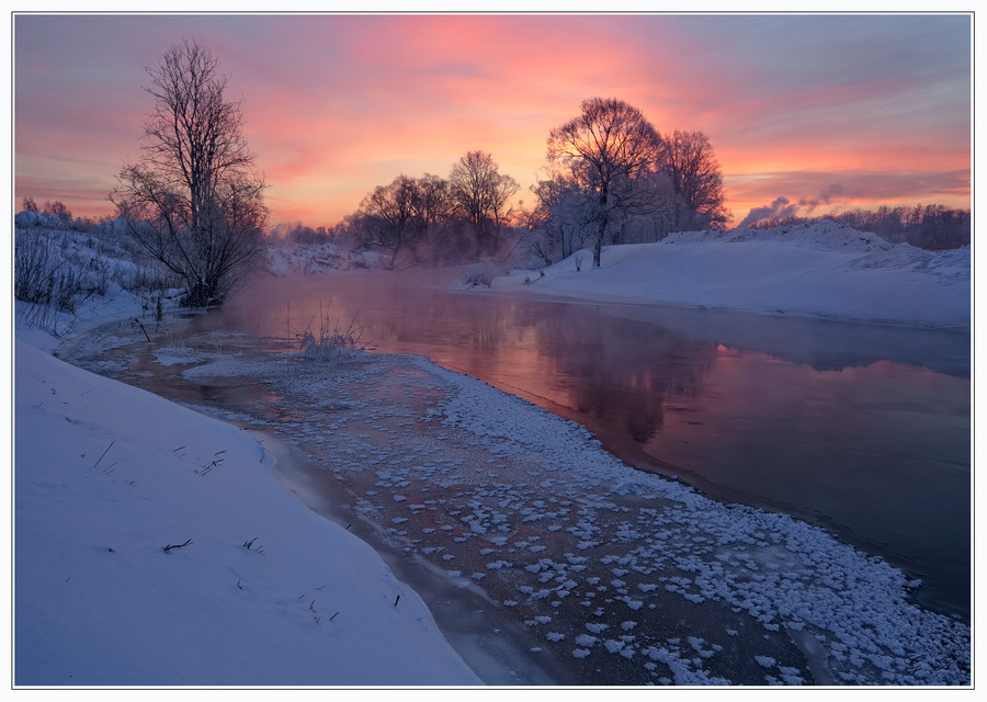 Dusk in the country | countryside, river, dusk, snow