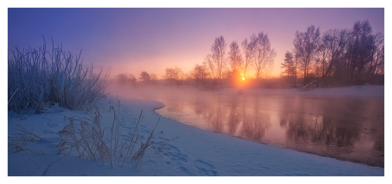 Winter sunrise | sunrise, river, winter, snow