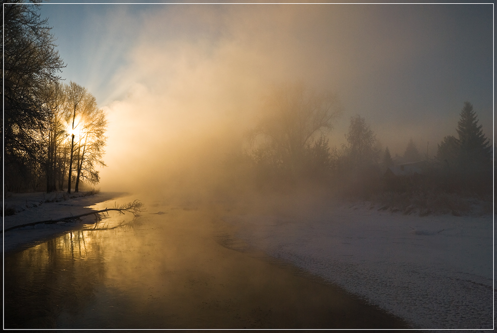 Morning fog | fog, river, sunbeam, tree