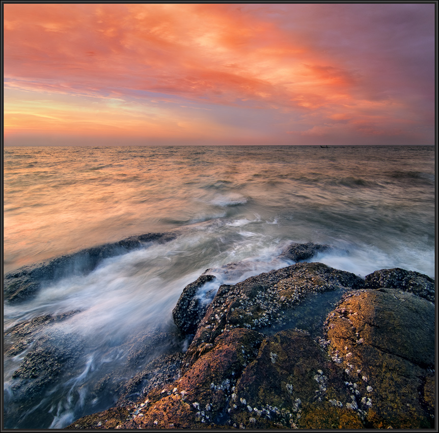 Colourful sunset | landscape, nature, sea, sunset, scarlet, water, waves, sky, stones, colourful