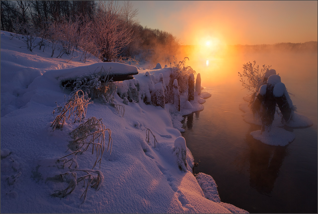 Fire and ice | sunrise, steam, snow, ice