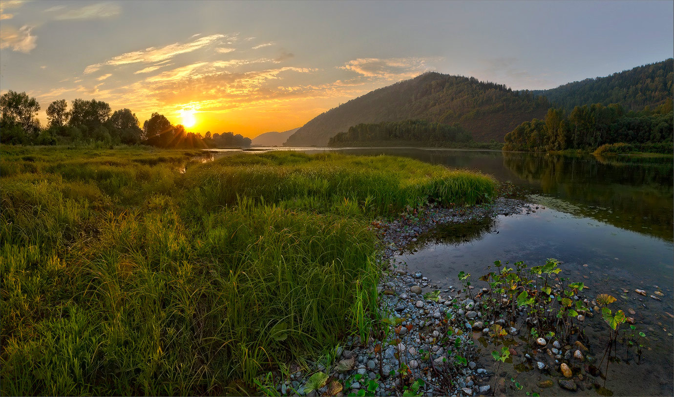 Alluring landscape | landscape, sun, sky, water, stones, sunrays, sunset, grass, trees, summer