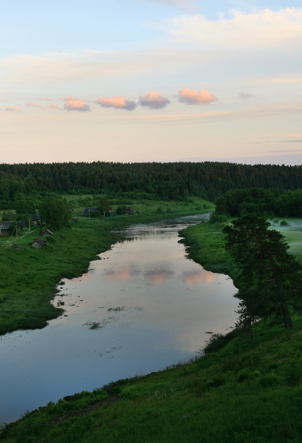 Border | dawn, river, field, wood