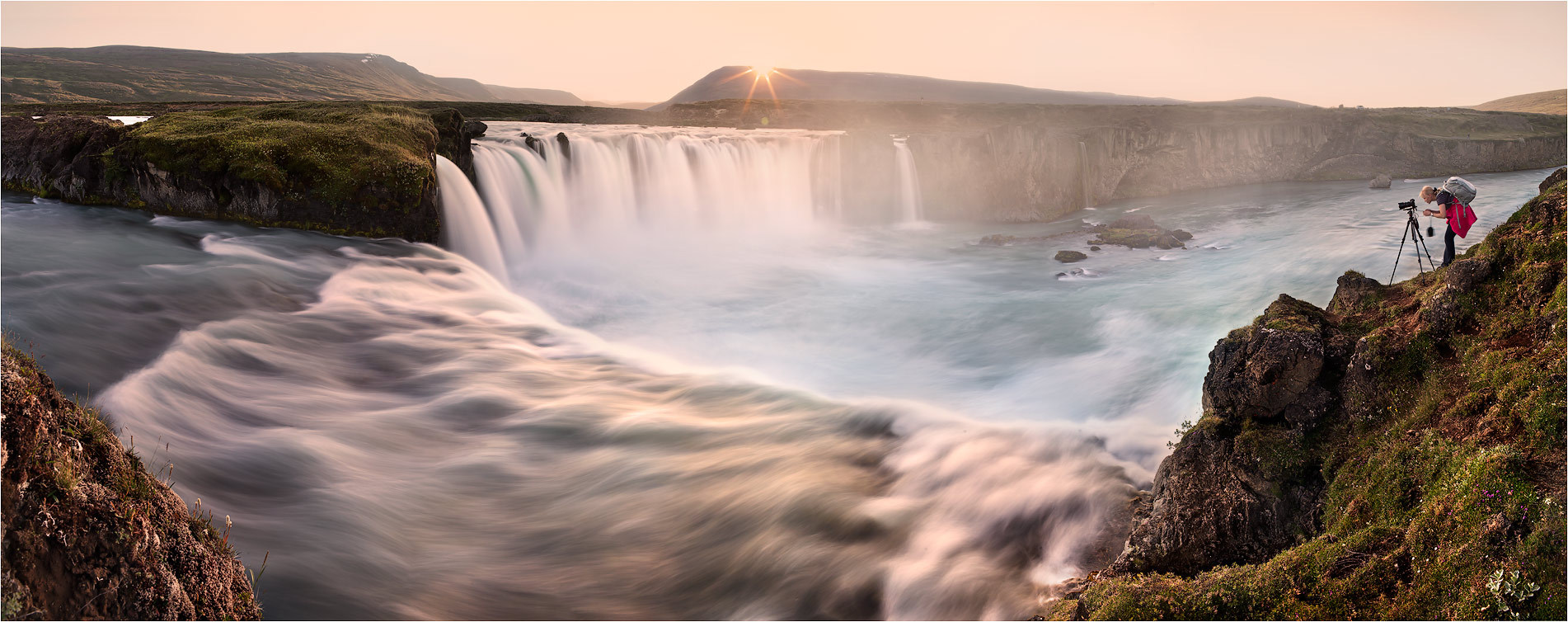 Waterfall and the cameraman | waterfall, cameraman, sunrise, haze