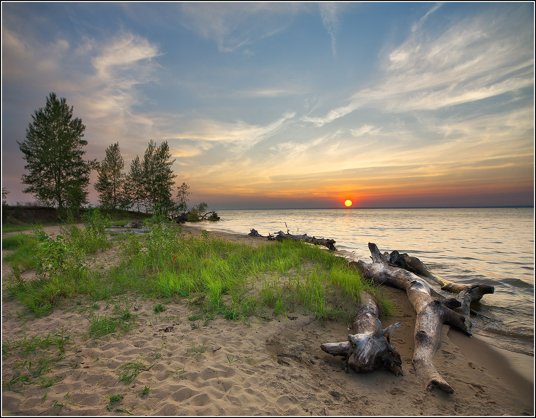 Sunset, the Ob Sea | landscape, nature, outdoor, evening, horizon, sunset, Ob Sea, Novosibirsk Reservoir, water, trees