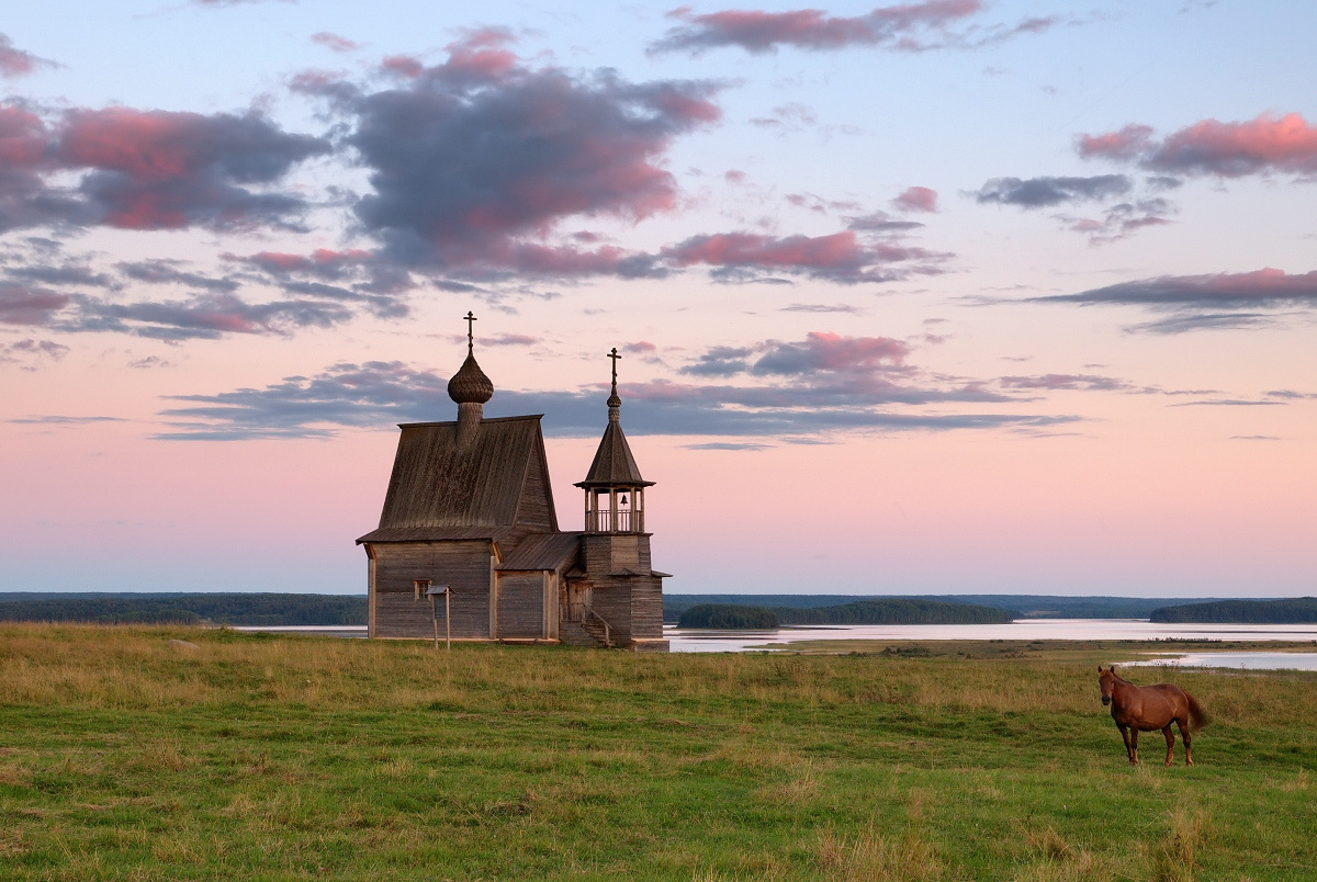 Lake Kenozero | Kenozero, lake , village, Vershinino, landscape, clouds, church, wooden, grass, horse