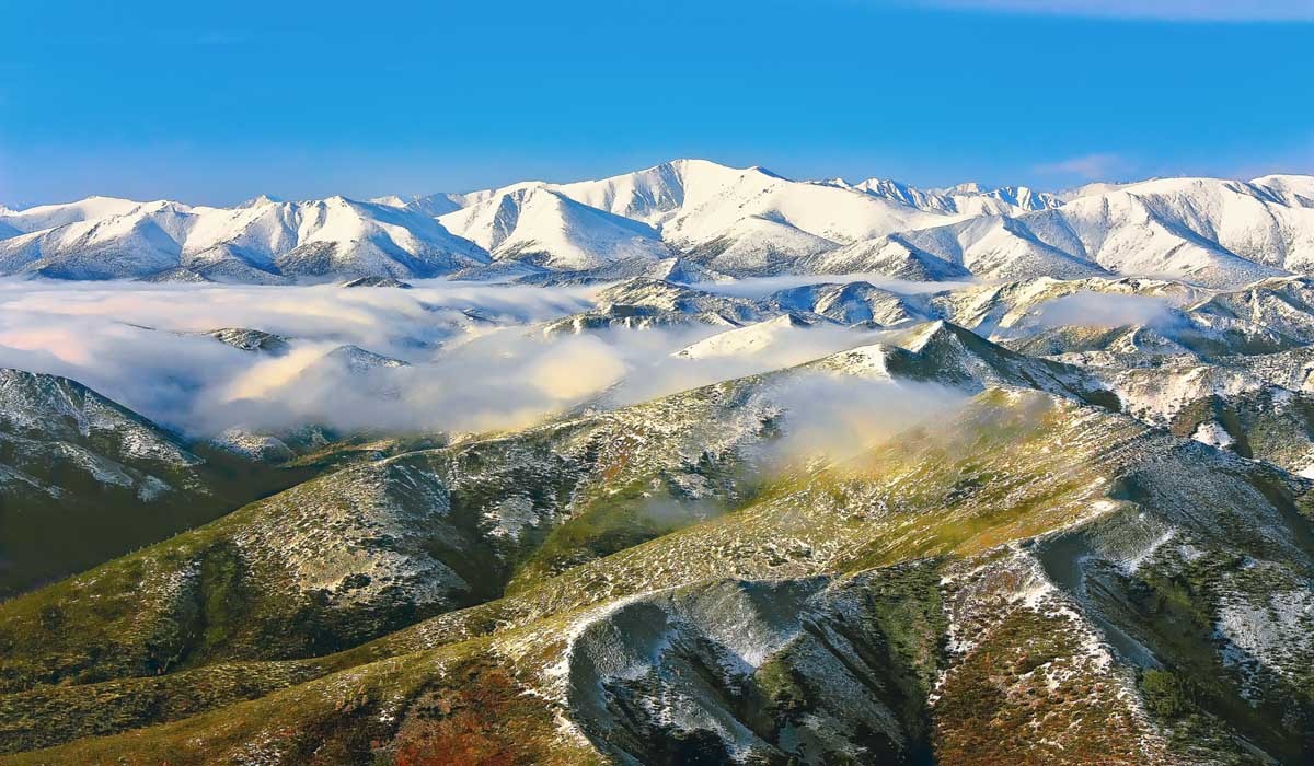 Mountains, above clouds | landscape, mountain, sky, clouds, snow, blue, light, green, palette, height