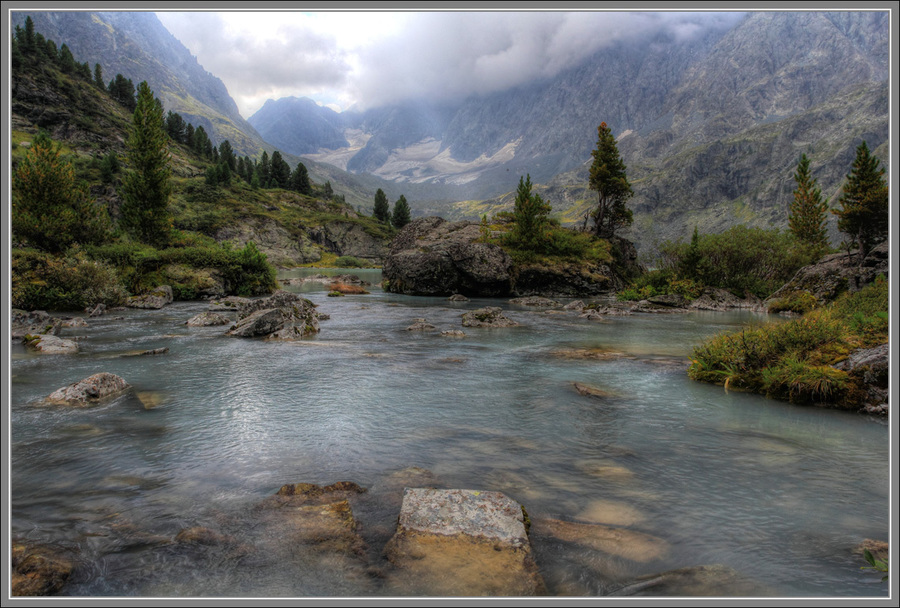 The strangest place | rapids, pine wood, hill, sunbeam