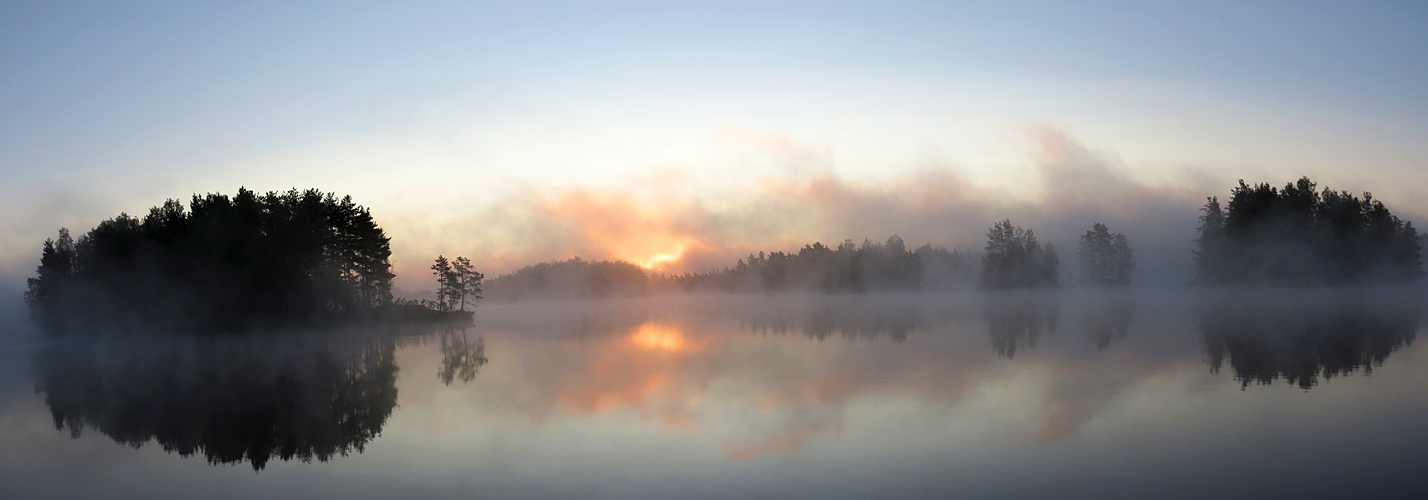 Morning on a lake  | landscape, morning, islands, lake, fog, sun, trees, sunrise, reflection, light