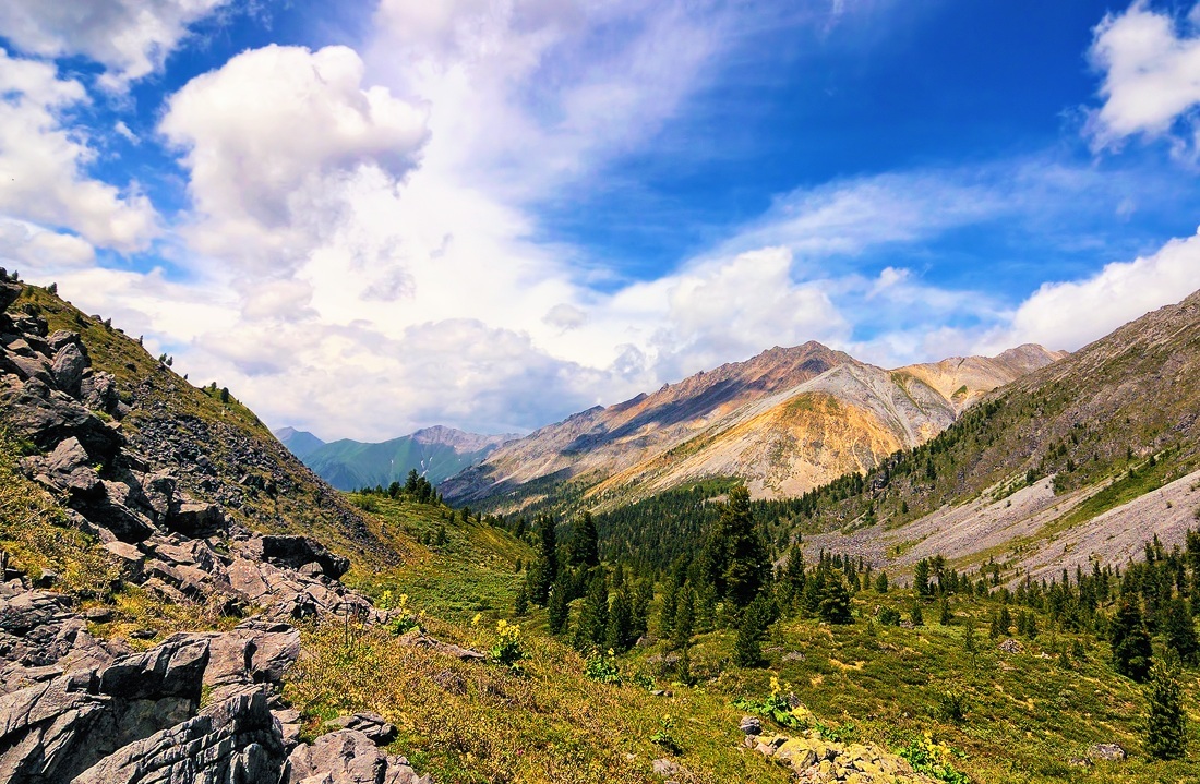 Dale | mountain, valley, day, sunny, clouds, trees, stones, landscape, green, hillside