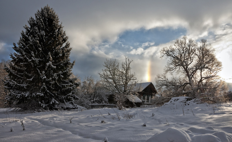 Rainbow in winter | landscape, nature, outdoor, winter, snow, trees, house, sky, clouds, rainbow