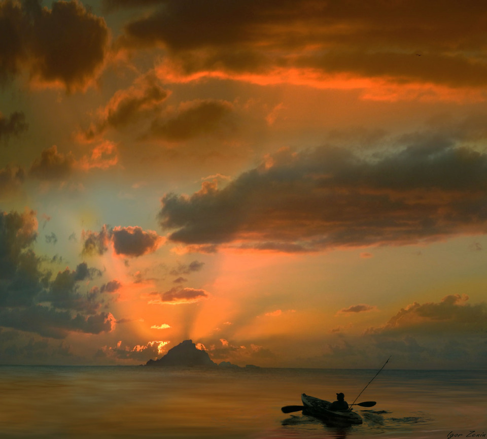 Fisherman at sea | landscape, nature, sea, sunset, sunshine, clouds, sky, scarlet, boat, fisherman