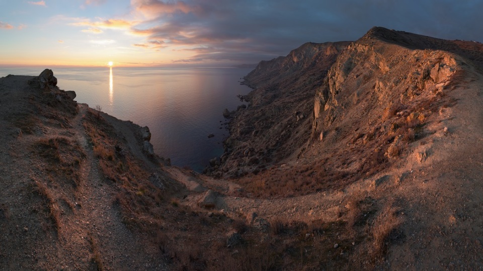 Sunset  | landscape, nature, outdoor, sea, mountain, sky, clouds, sunset, bend, dry grass