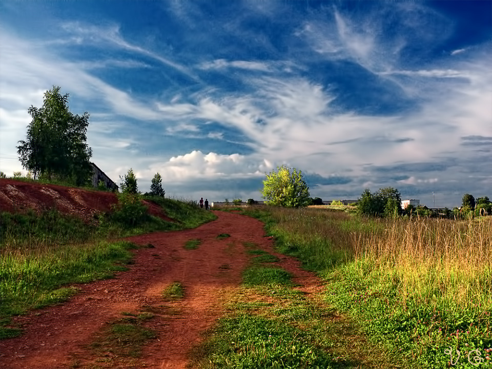 Summer way, Boksitogorsk | landscape, nature, outdoor, sunny day, green grass, sky, clouds, trees, way, Boksitogorsk