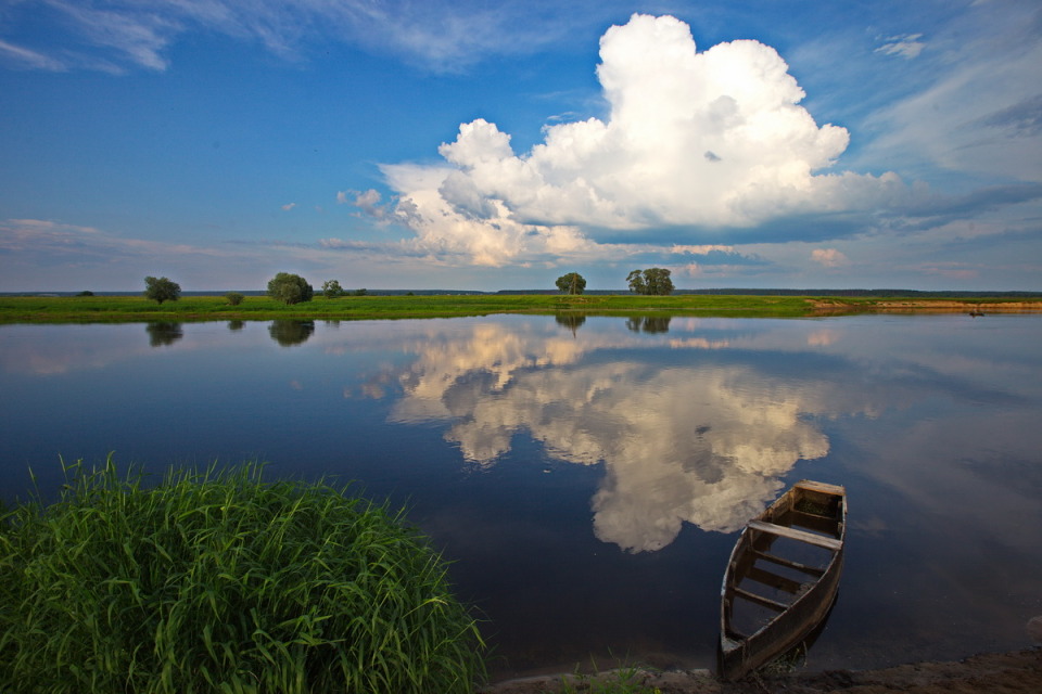 Sunk boat and the lake | lake, sunk boat, sky, clouds