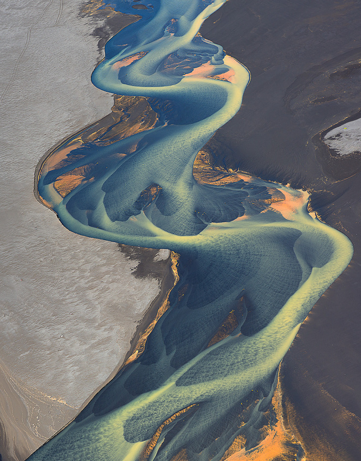 River and ocean, aerial survey | landscape, nature, ocean, river, blue, Iceland, aerial survey, rut, steps, dry land