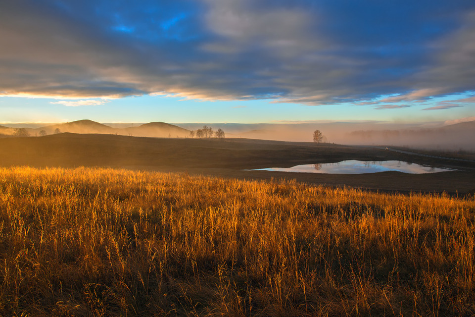 Field in sunshine | landscape, nature, palette, field, sky, clouds, sunshine, fog, water, grass