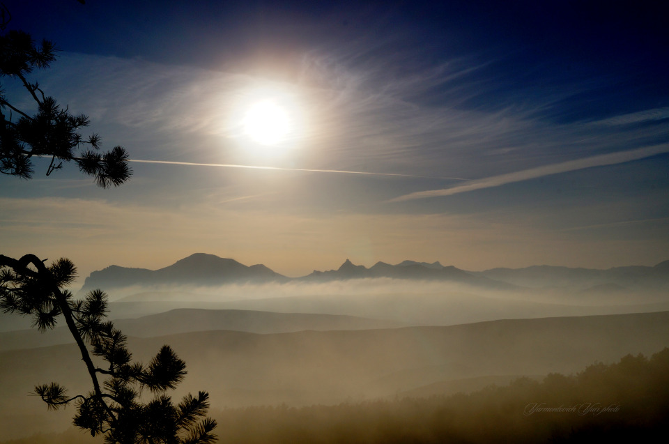  Sunset, Kara Dag, Crimea | Crimea, Kara Dag, pines, winter, sunset, sky, sun, mountain, fog, landscape